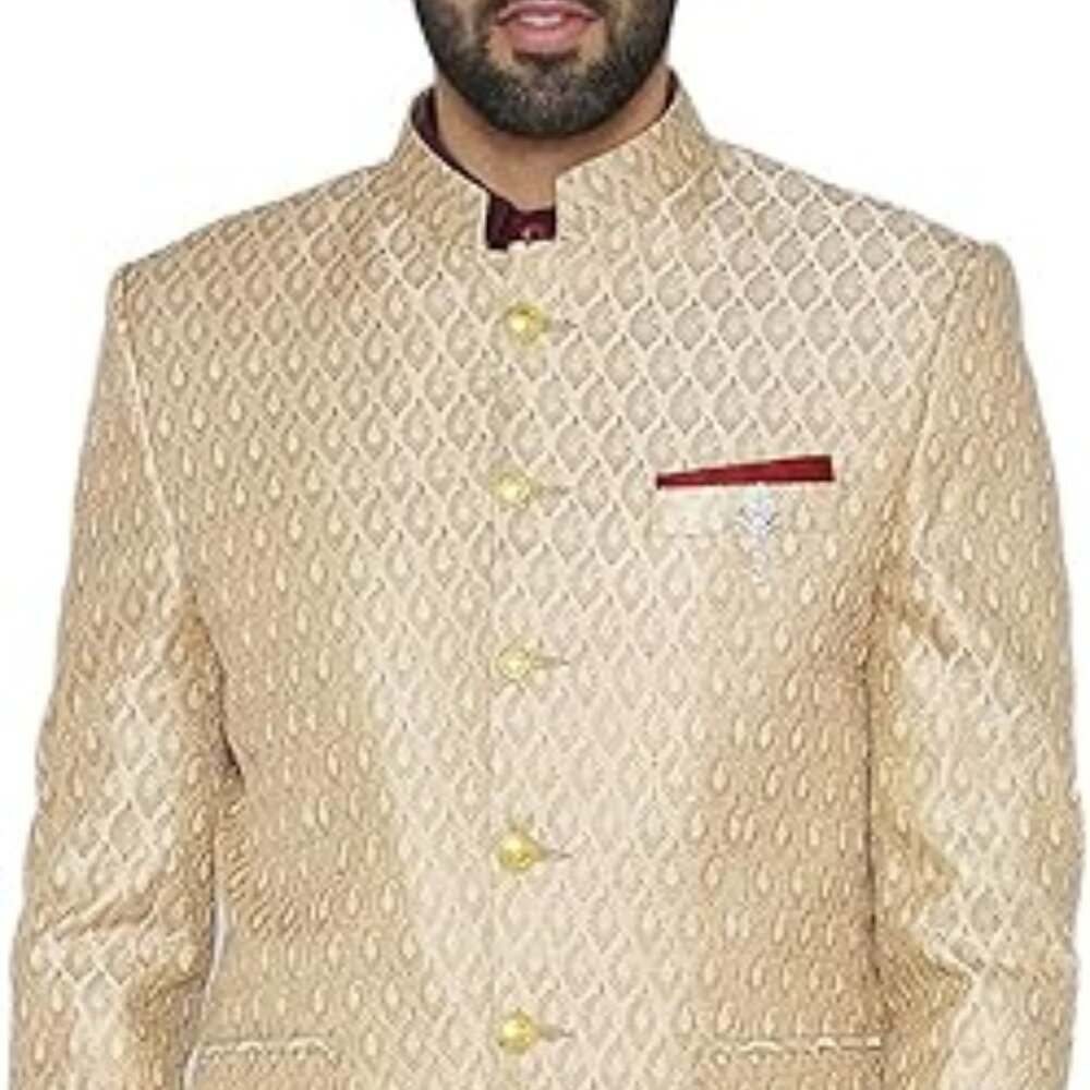 WINTAGE Men's Banarsi Rayon Cotton Indian Jodhpuri Grandad Blazer Gold